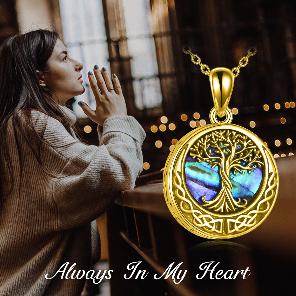 Sterling Silver with Yellow Gold Plated Abalone Shellfish Tree Of Life & Celtic Knot Urn Necklace for Ashes with Engraved Word-6