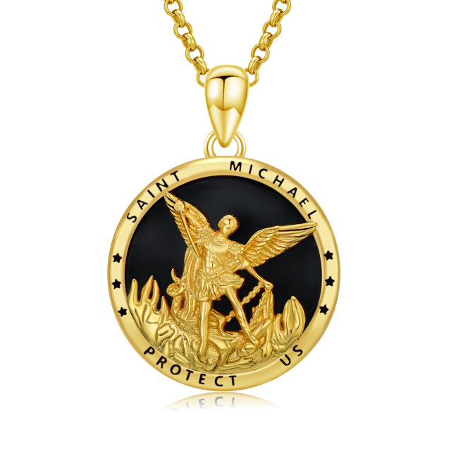 Sterling Silver with Yellow Gold Plated Agate Saint Michael Pendant Necklace for Men-1