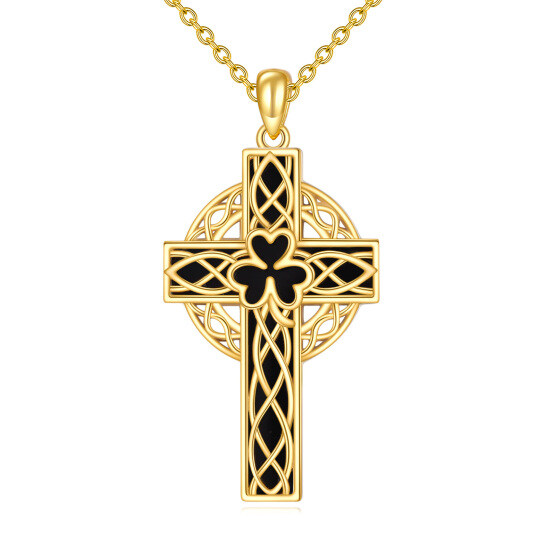 Sterling Silver with Yellow Gold Plated Agate Shamrock & Celtic Knot & Cross Pendant Necklace