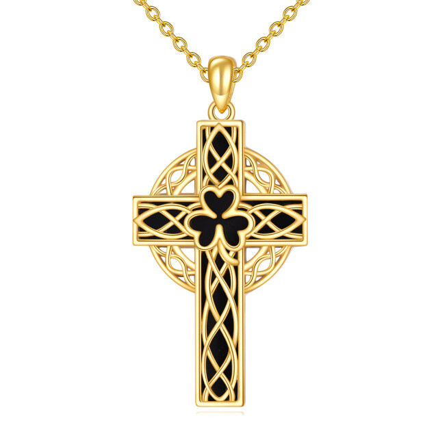 Sterling Silver with Yellow Gold Plated Agate Shamrock & Celtic Knot & Cross Pendant Necklace-2