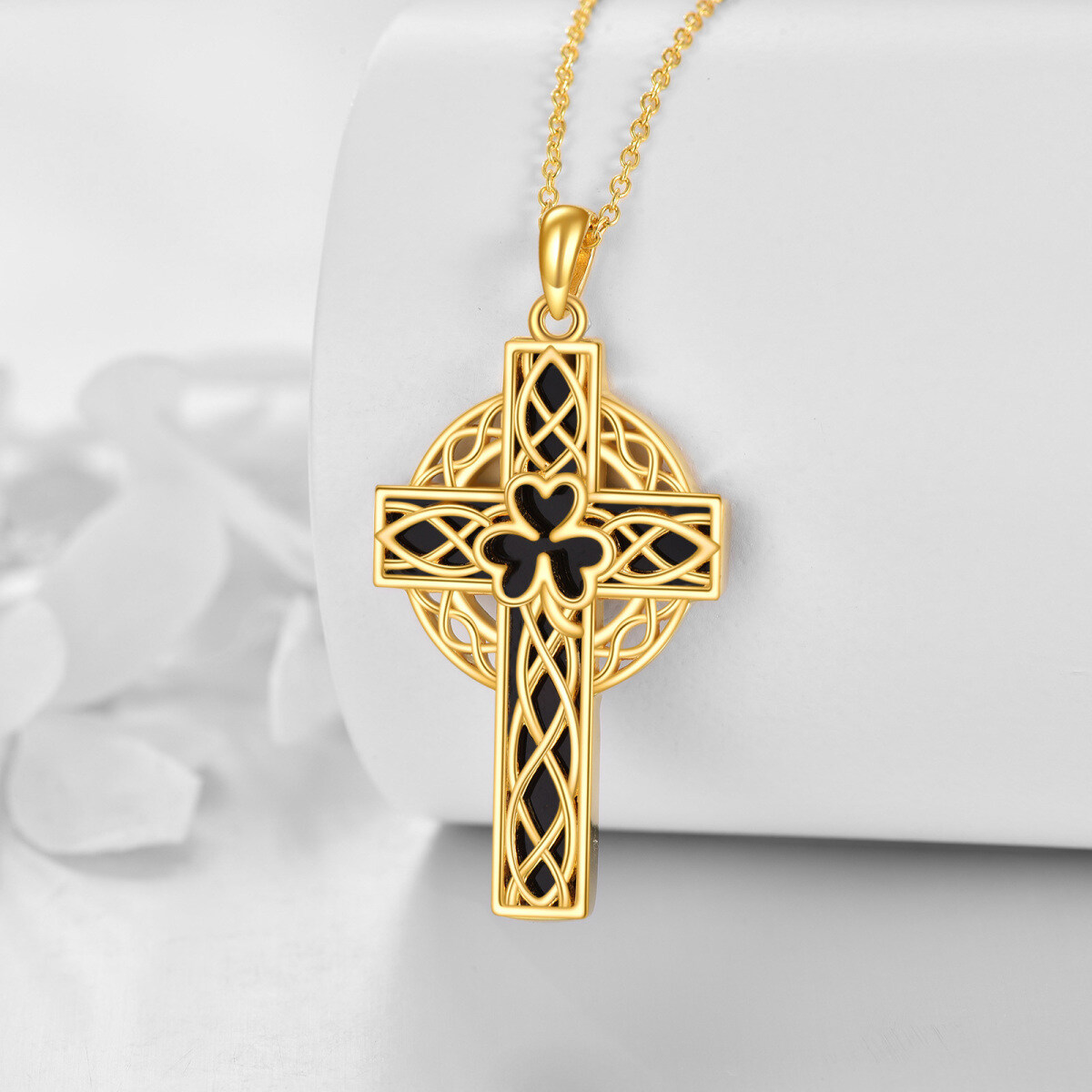 Sterling Silver With Yellow Gold Plated Agate Shamrock Celtic Knot Cross Pendant Necklace For Women-3