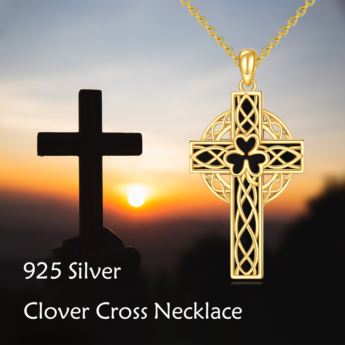 Sterling Silver With Yellow Gold Plated Agate Shamrock Celtic Knot Cross Pendant Necklace For Women-6