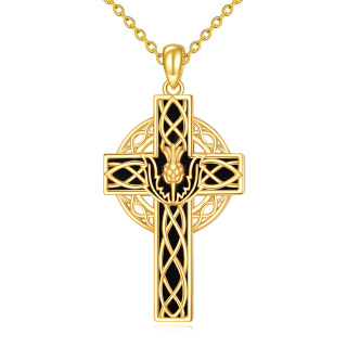 Sterling Silver With Yellow Gold Plated Agate Thistle With Celtic Knot With Cross Pendant Necklace For Women-1