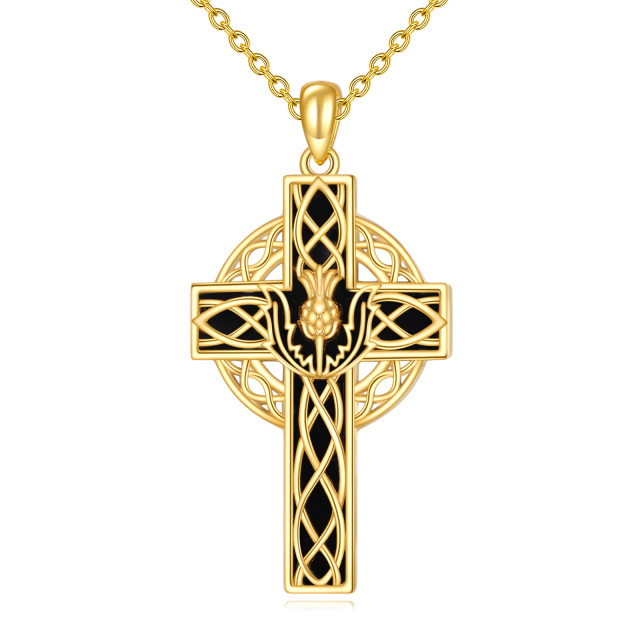 Sterling Silver with Yellow Gold Plated Agate Thistle & Celtic Knot & Cross Pendant Necklace-4