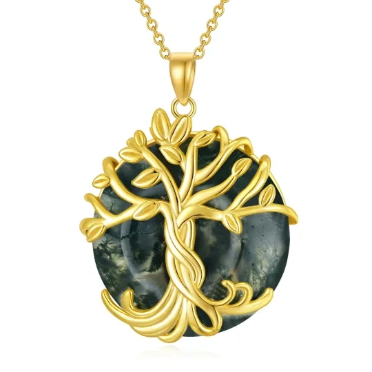 Sterling Silver with Yellow Gold Plated Agate Tree Of Life Pendant Necklace