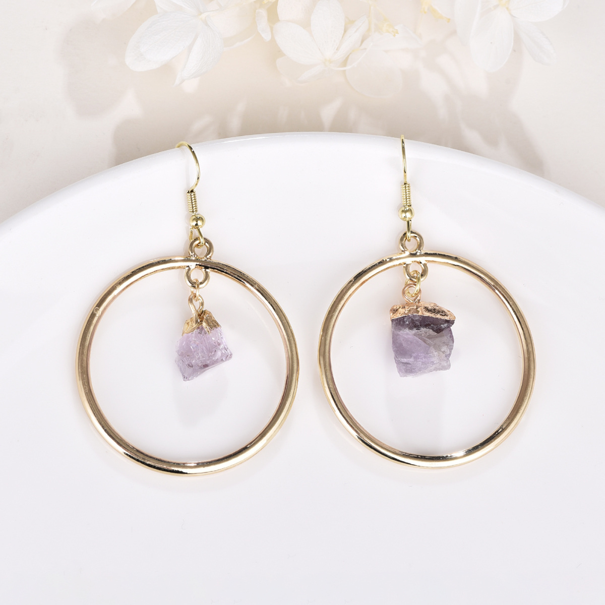 Sterling Silver with Yellow Gold Plated Amethyst Round Hoop Earrings-3