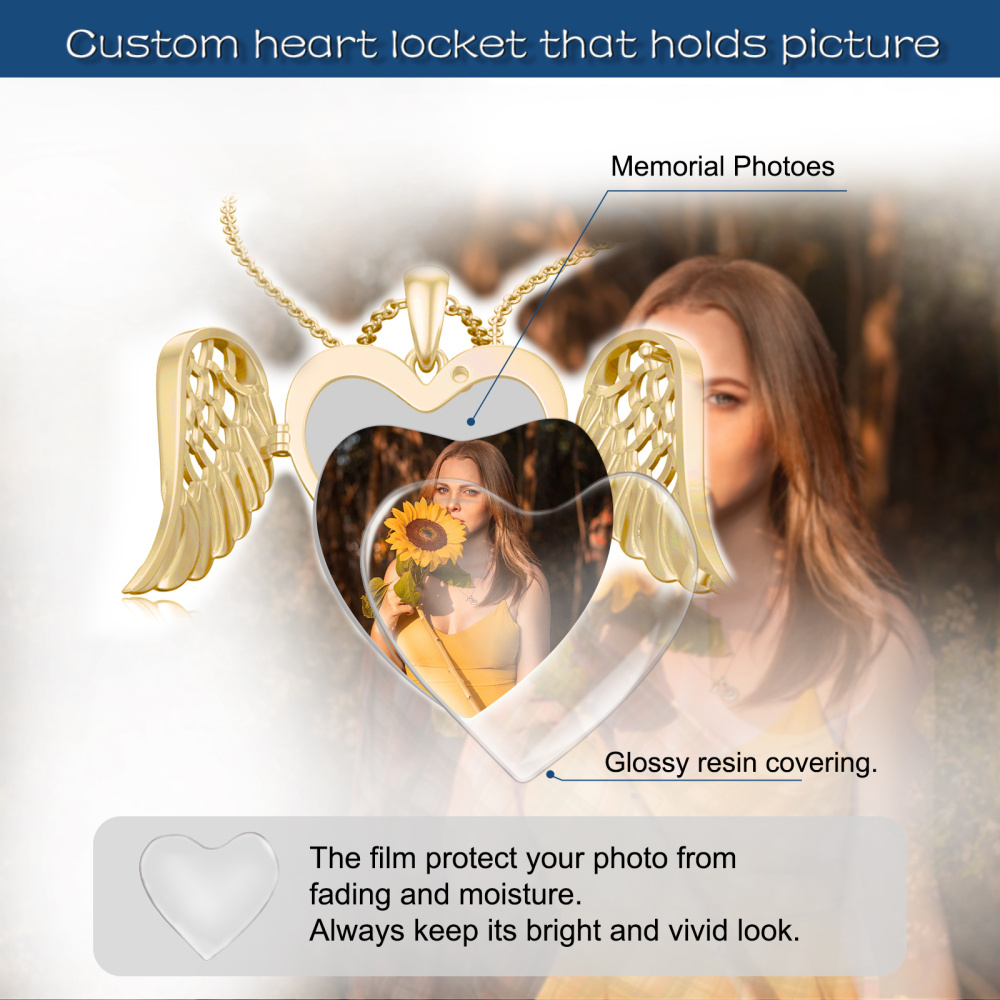 Plata de ley con baño de oro amarillo Angel Wing Heart Personalized Engraving & Custom Photo Locket Necklace-3