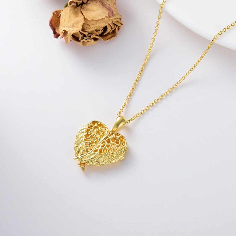 Plata de ley con baño de oro amarillo Angel Wing Heart Personalized Engraving & Custom Photo Locket Necklace-5