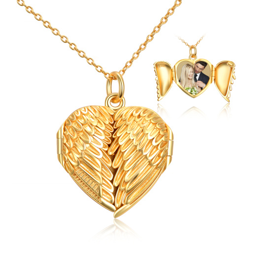 Collar con medallón con foto personalizado de plata de ley con corazón de ala de ángel chapado en oro amarillo