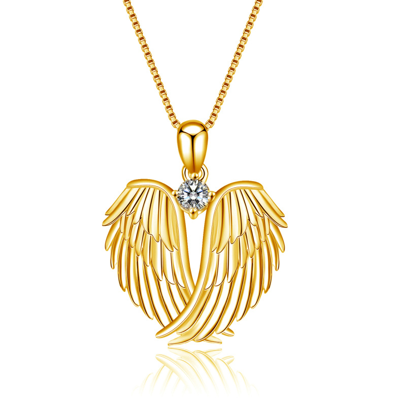 Sterling Silver with Yellow Gold Plated Cubic Zirconia Angel Wings Pendant Necklace-12