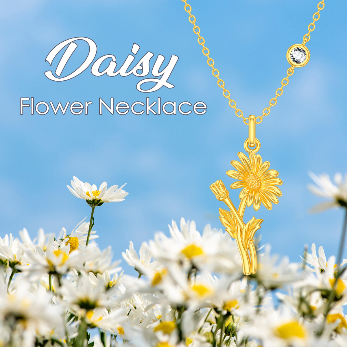 Sterling Silver with Yellow Gold Plated April Birthstone Flower Daisy Pendant Necklace-6