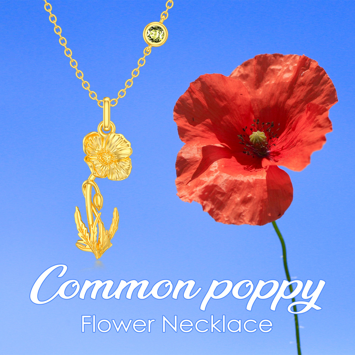 Sterling Silver with Yellow Gold Plated August Birthstone Flower Poppy Pendant Necklace-6