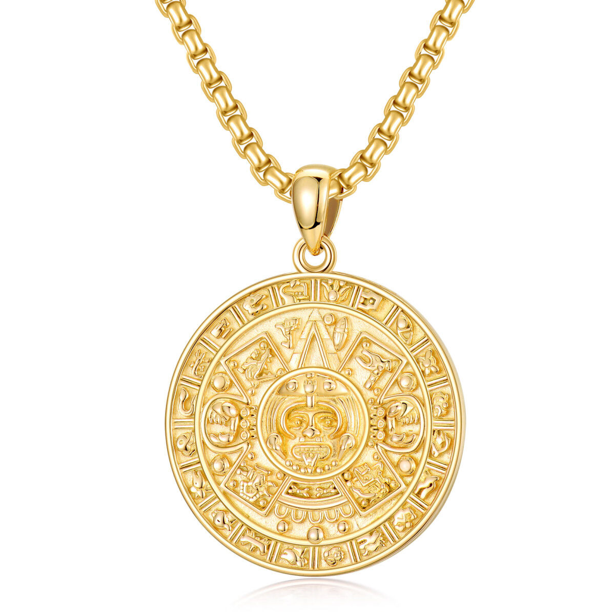 Sterling Silver with Yellow Gold Plated Aztec Calendar Pendant Necklace for Men-1