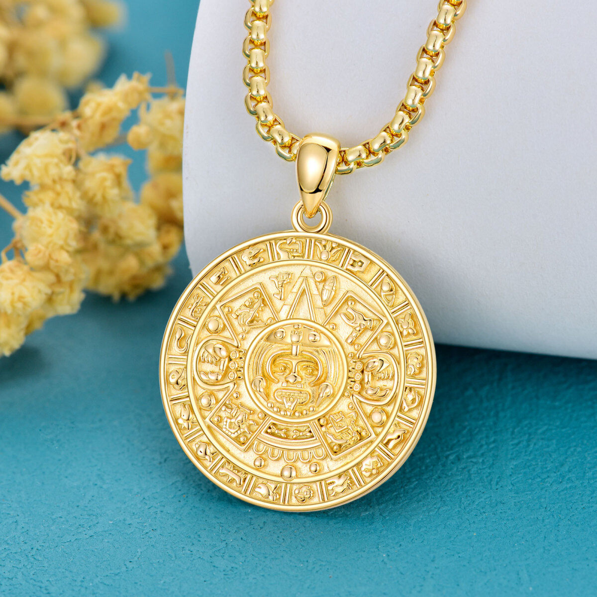 Sterling Silver with Yellow Gold Plated Aztec Calendar Pendant Necklace for Men-3