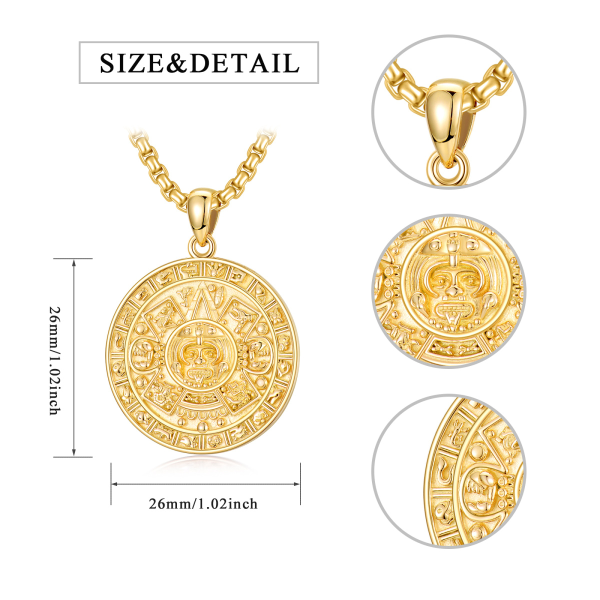 Sterling Silver with Yellow Gold Plated Aztec Calendar Pendant Necklace for Men-5