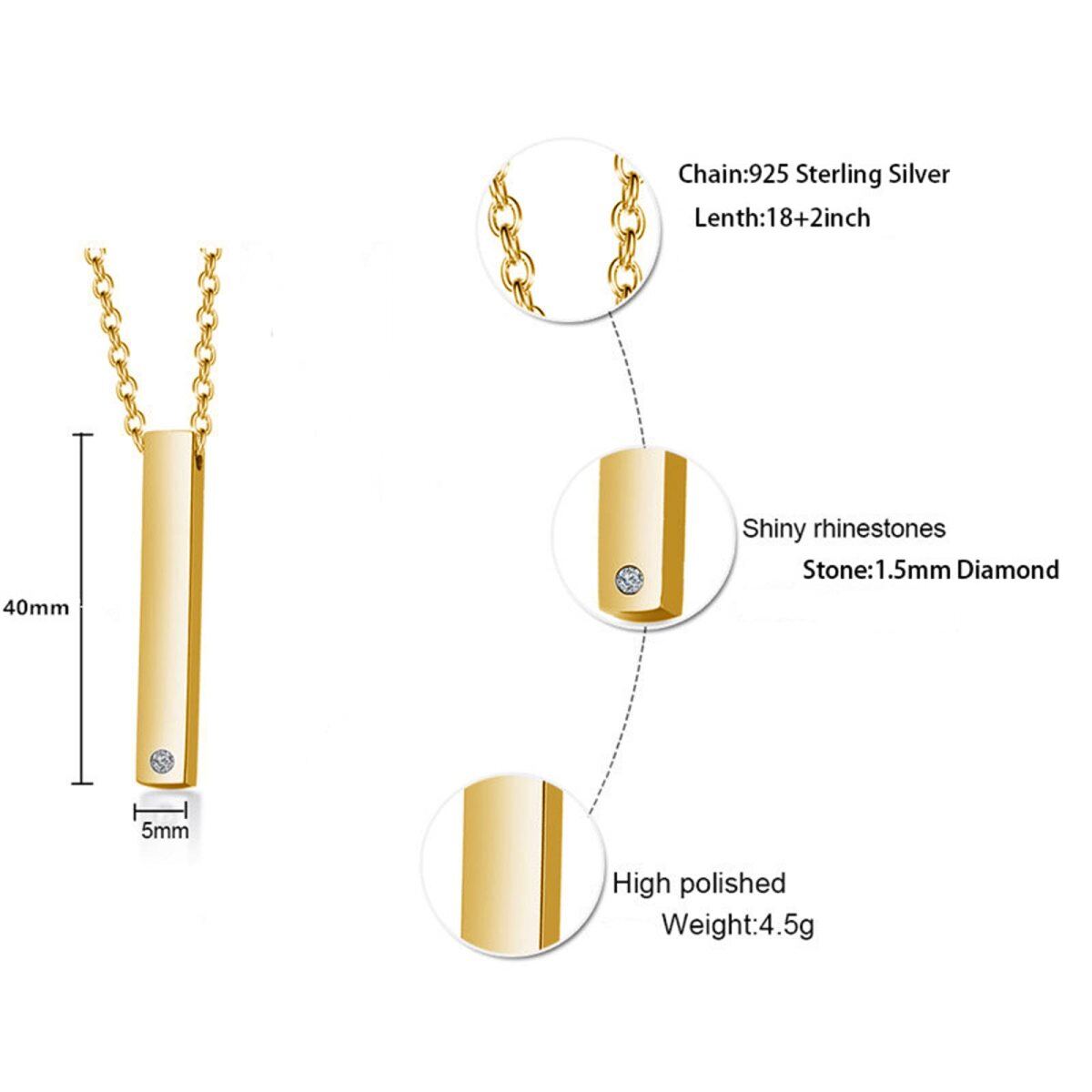 Sterling Silber mit Gelbgold plattierten Zirkonia Bar Anhänger Halskette-5