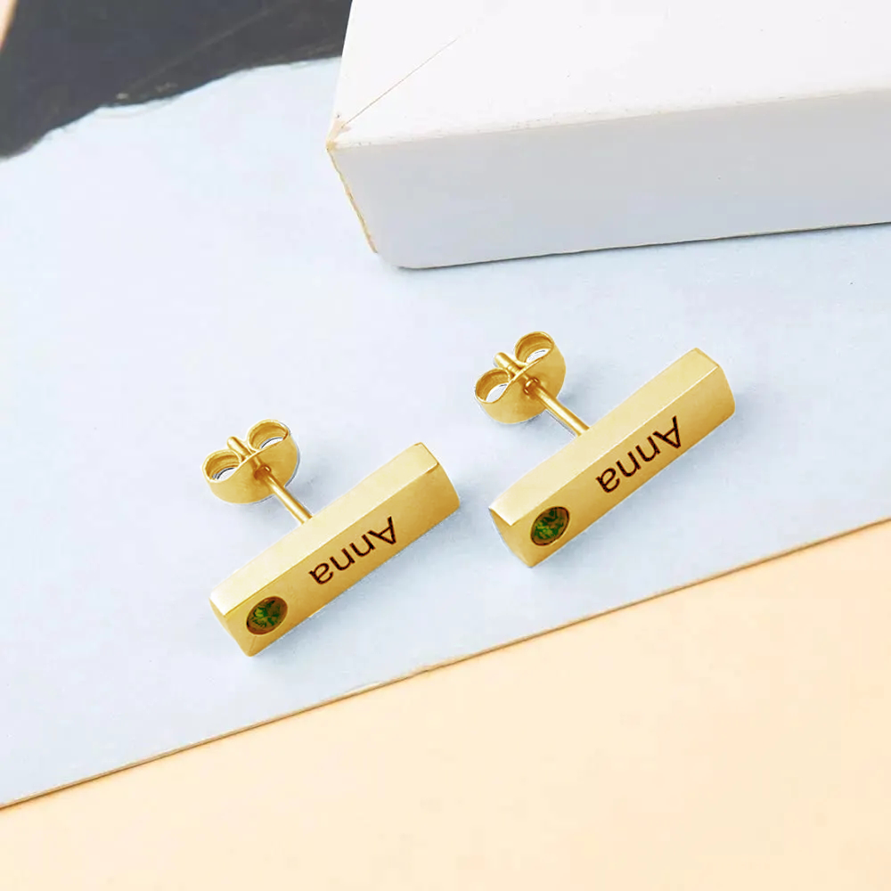 Sterling Silver with Yellow Gold Plated Cubic Zirconia Bar Stud Earrings-2