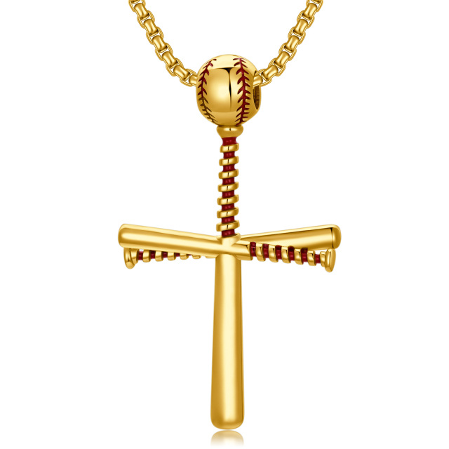 Collier en argent sterling avec pendentif baseball et croix plaqué or jaune-1