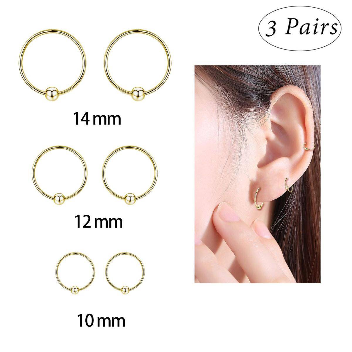 Sterling Silver with Yellow Gold Plated Bead Cartilage Hoop Earrings Three Pair Set-2