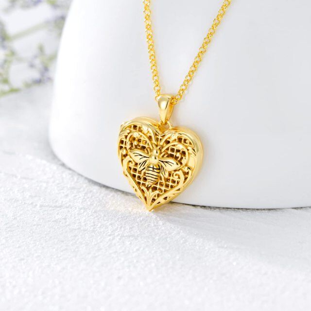 Plata de ley con baño de oro amarillo Bee Heart Personalized Engraving Photo Locket Necklace-3