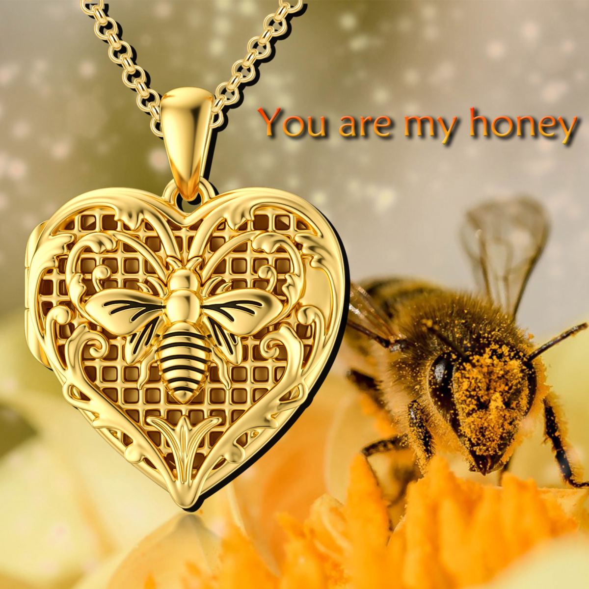 Sterling Silver with Yellow Gold Plated Bee Heart Personalized Engraving Photo Locket Necklace-6