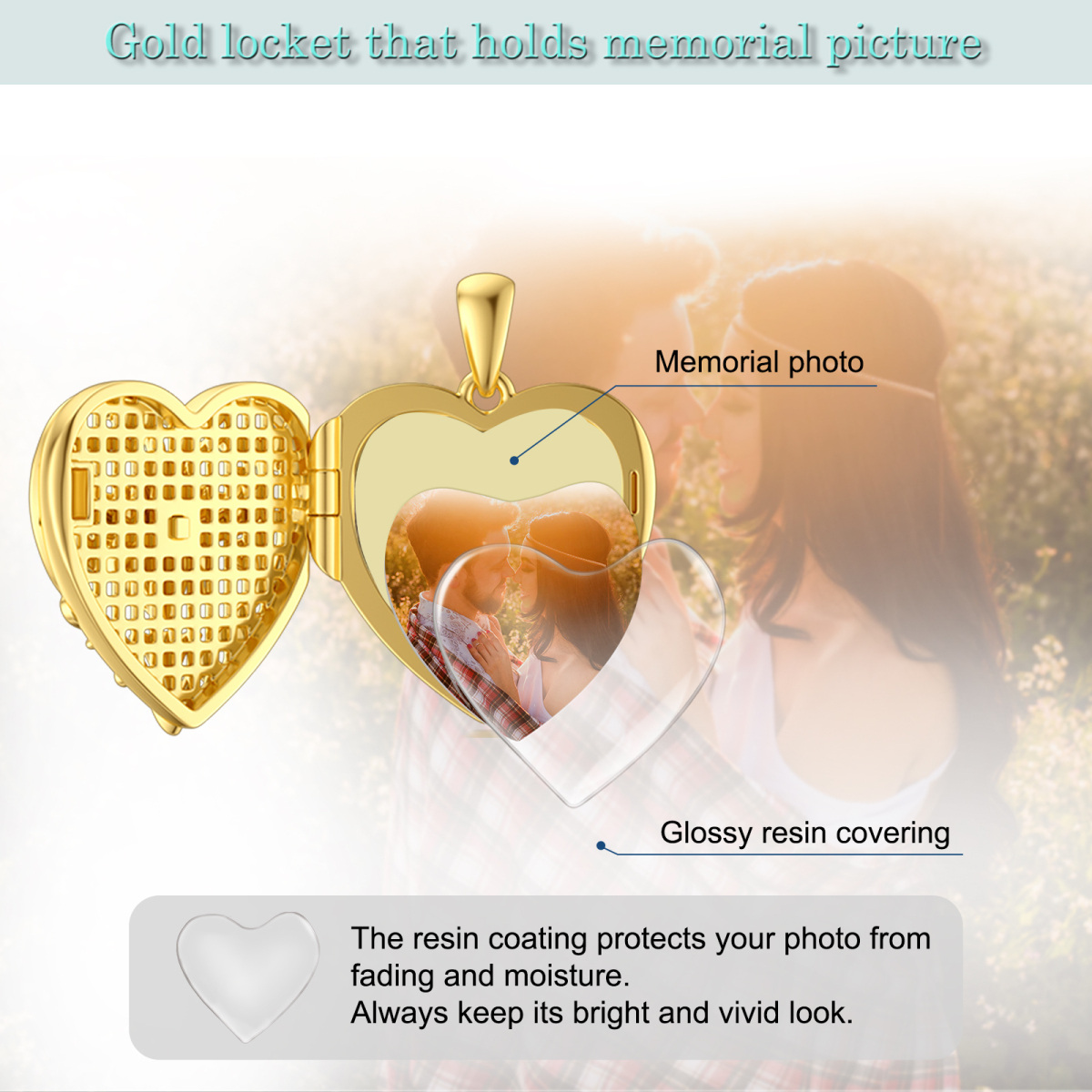 Plata de ley con baño de oro amarillo Bee Heart Personalized Engraving Photo Locket Necklace-7