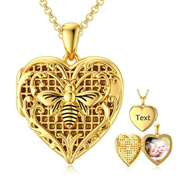 Plata de ley con baño de oro amarillo Bee Heart Personalized Engraving Photo Locket Necklace-1