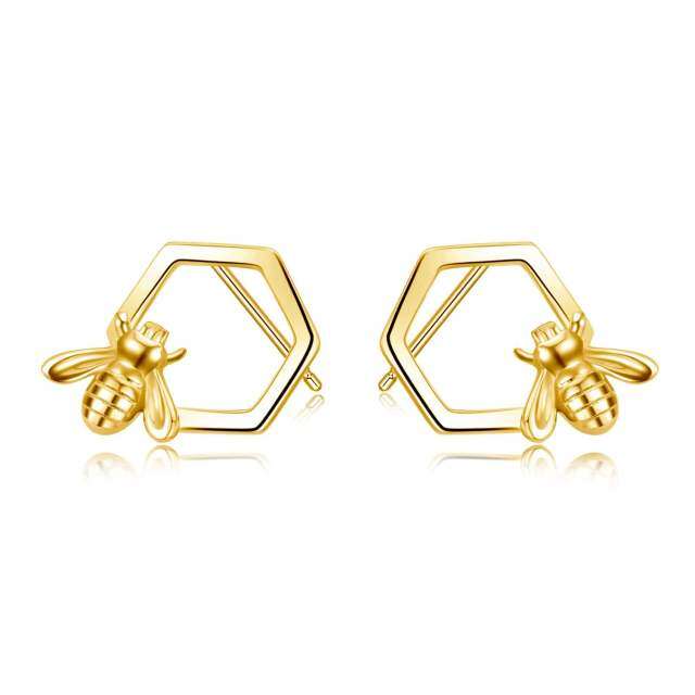 Pendientes de botón con forma de panal de abeja bañados en oro amarillo y plata de ley para mujer-1