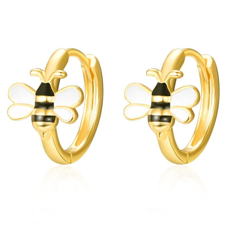Orecchini a cerchio in argento 925 con ape placcata in oro giallo-3