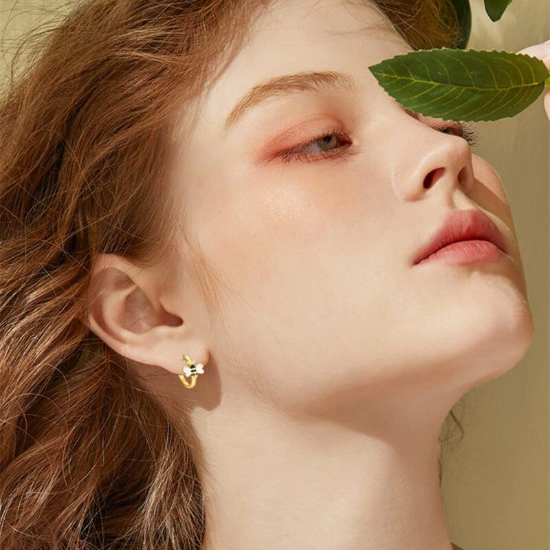 Sterling Silver with Yellow Gold Plated Bee Hoop Earrings-3