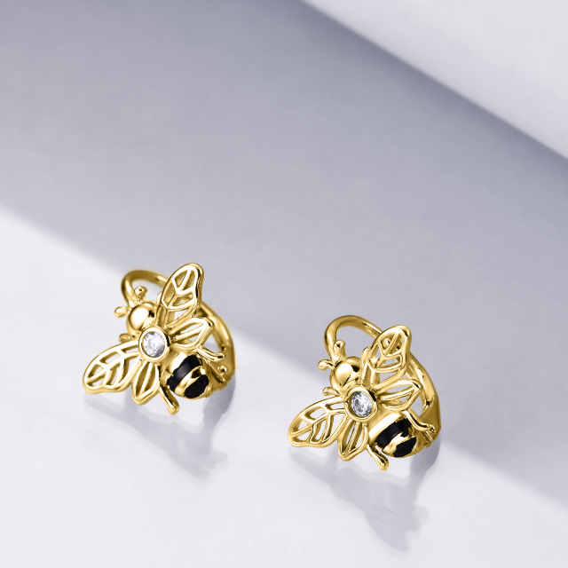 Sterling Silver with Yellow Gold Plated Cubic Zirconia Bee Lever-back Earrings-3