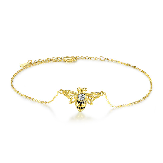 Sterling Silver with Yellow Gold Plated Cubic Zirconia Bee Single Layer Anklet