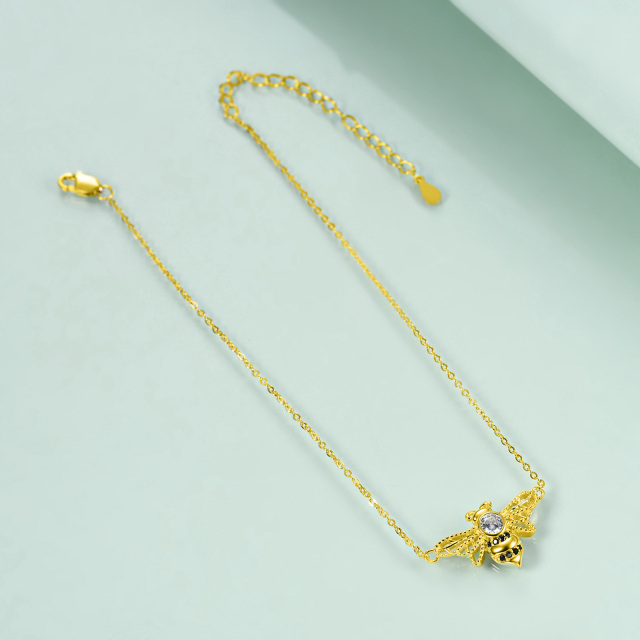 Sterling Silver with Yellow Gold Plated Cubic Zirconia Bee Single Layer Anklet-4