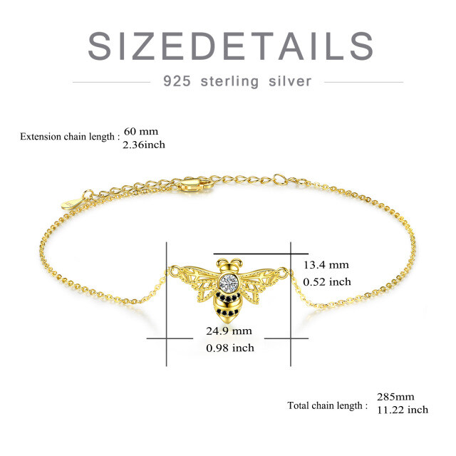 Sterling Silver with Yellow Gold Plated Cubic Zirconia Bee Single Layer Anklet-5