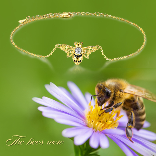 Sterling Silver with Yellow Gold Plated Cubic Zirconia Bee Single Layer Anklet-6