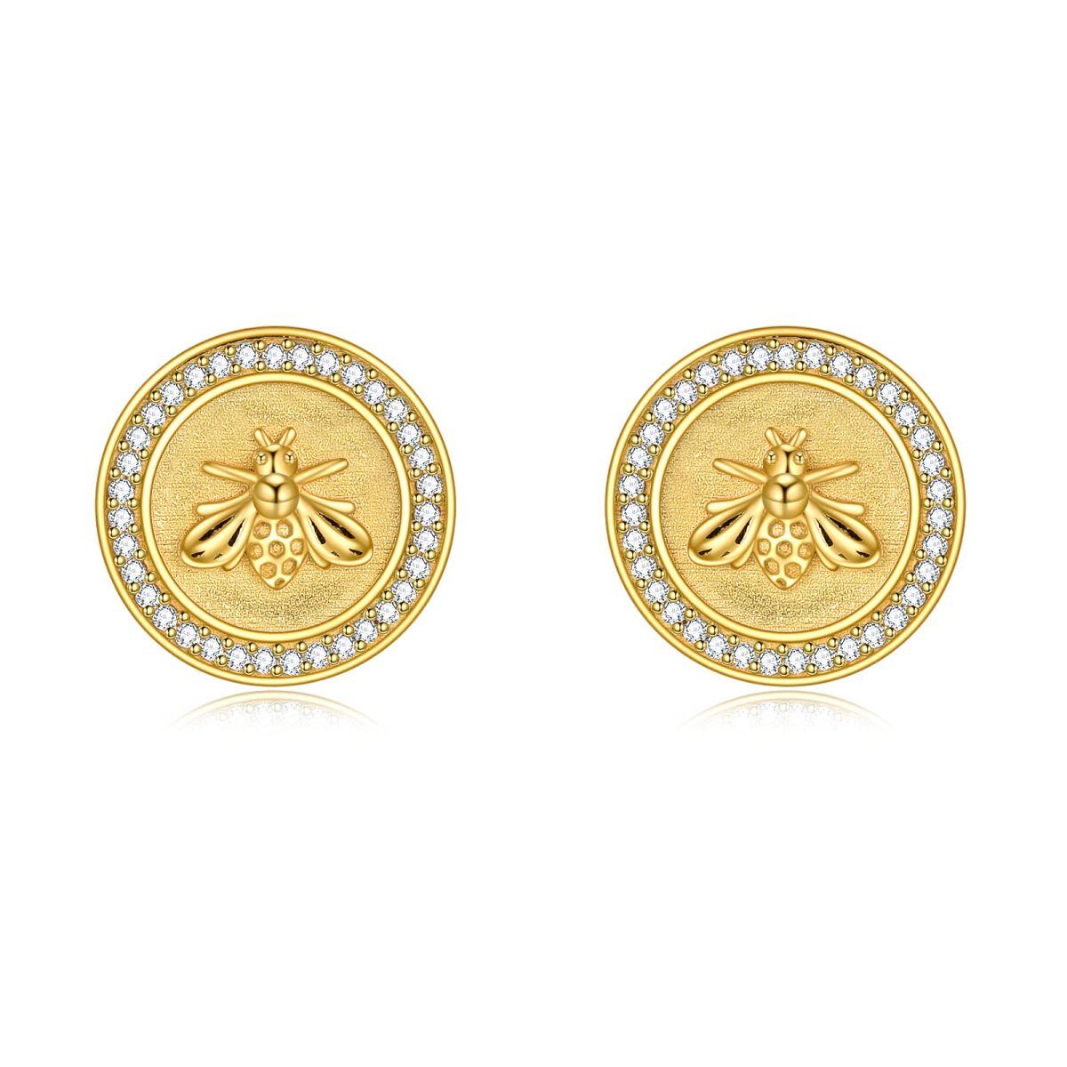 Sterling Silver with Yellow Gold Plated Cubic Zirconia Bee Stud Earrings-1