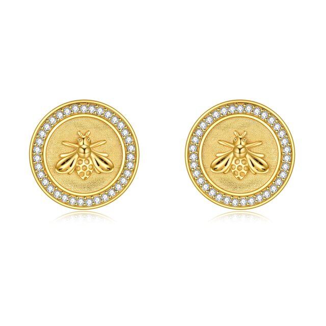 Sterling Silver with Yellow Gold Plated Cubic Zirconia Bee Stud Earrings-1