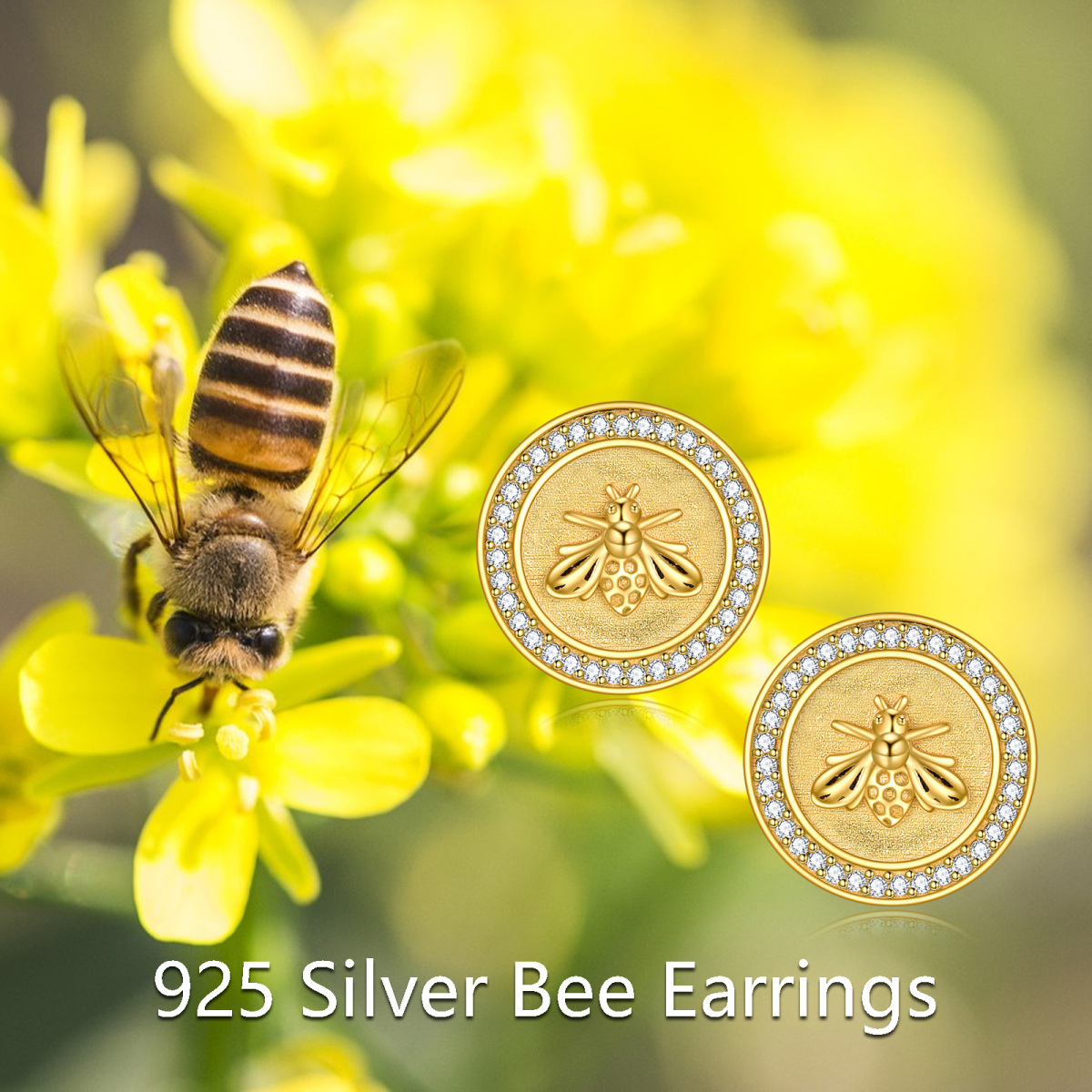 Sterling Silver with Yellow Gold Plated Cubic Zirconia Bee Stud Earrings-6