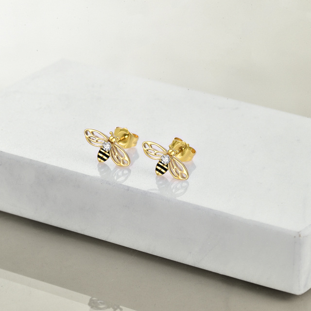 Sterling Silver with Yellow Gold Plated Cubic Zirconia Bee Stud Earrings-3