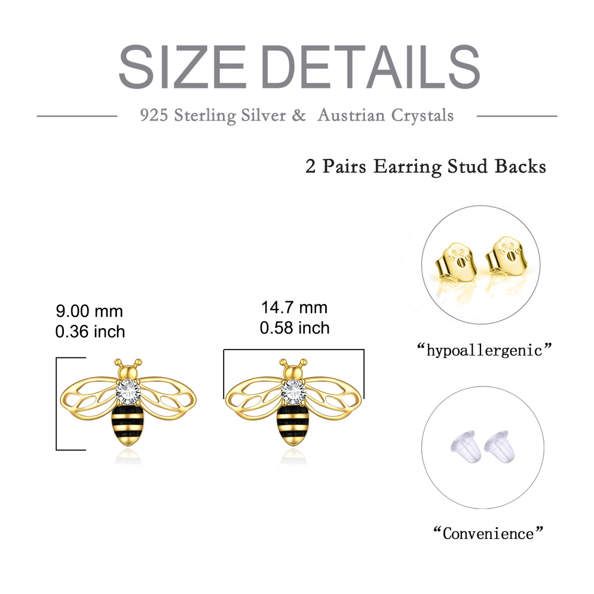 Sterling Silver with Yellow Gold Plated Cubic Zirconia Bee Stud Earrings-5