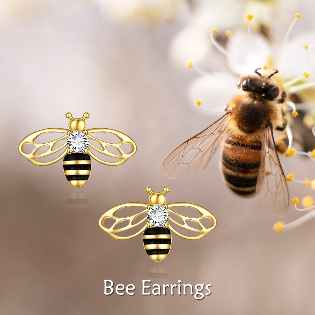 Sterling Silver with Yellow Gold Plated Cubic Zirconia Bee Stud Earrings-6