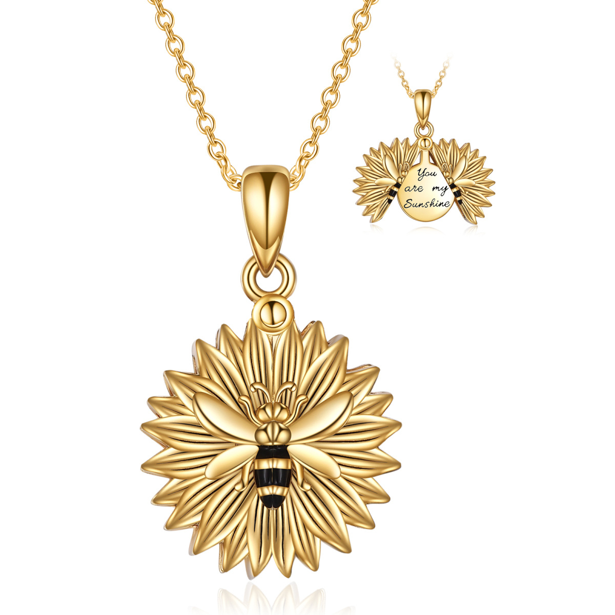 Sterling Silver with Yellow Gold Plated Bee & Sunflower Pendant Necklace with Engraved Word-1