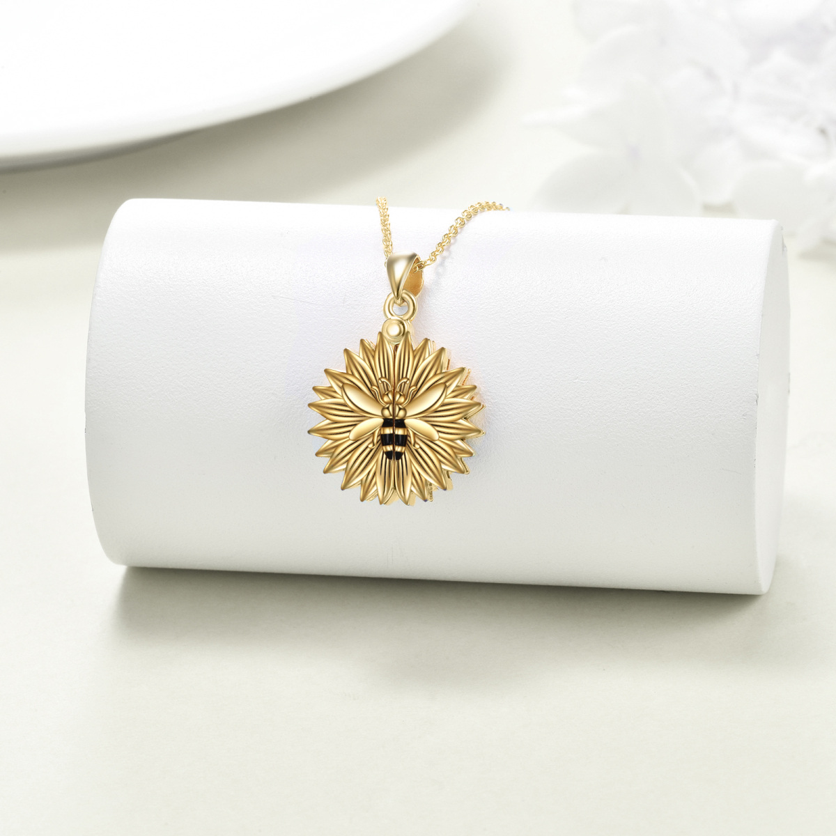 Sterling Silver with Yellow Gold Plated Bee & Sunflower Pendant Necklace with Engraved Word-3