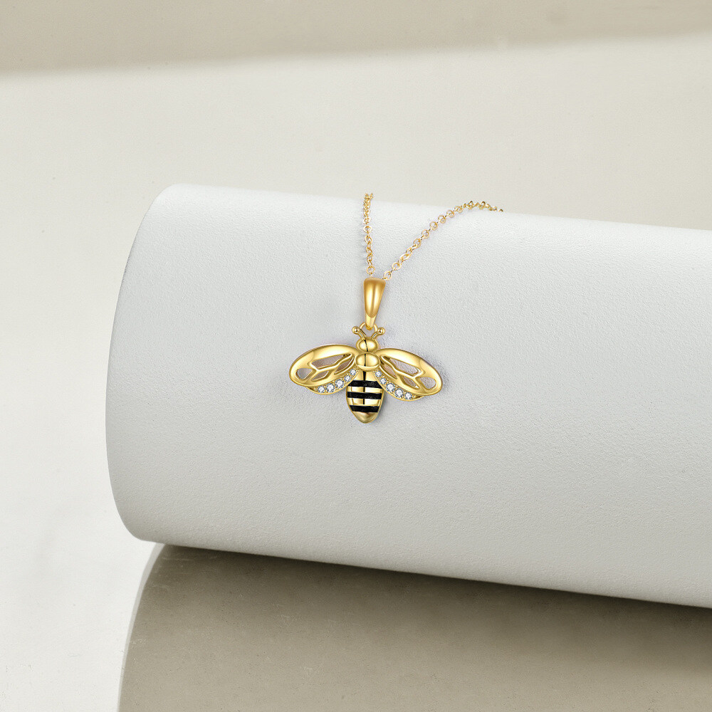 Sterling Silver with Yellow Gold Plated Bumblebee Cubic Zirconia Bee Pendant Necklace-4