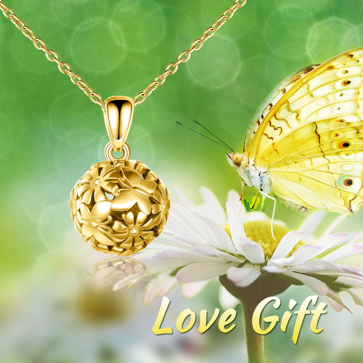 Sterling Silver with Yellow Gold Plated Cubic Zirconia Butterfly & Daisy & Spherical Pendant Necklace-6