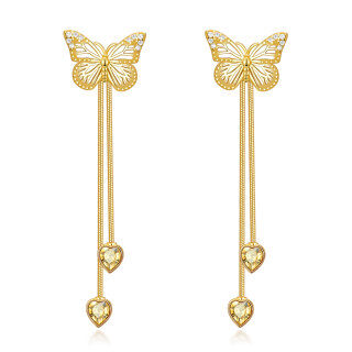 Sterling Silver with Yellow Gold Plated Cubic Zirconia Butterfly Drop Earrings-21