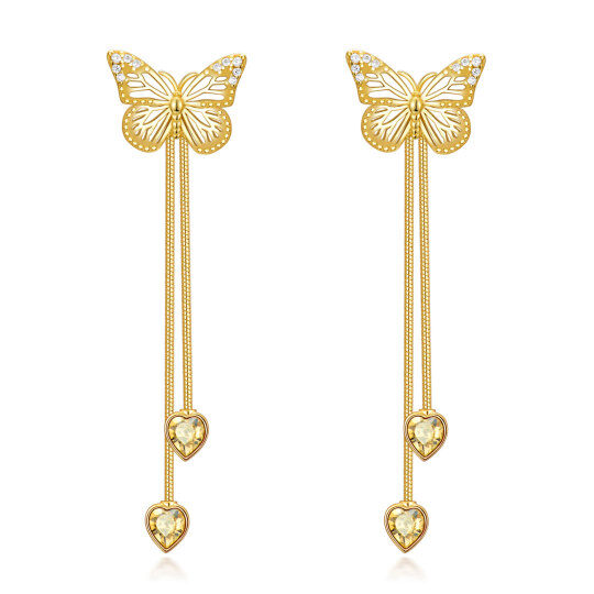 Sterling Silver with Yellow Gold Plated Cubic Zirconia Butterfly Drop Earrings