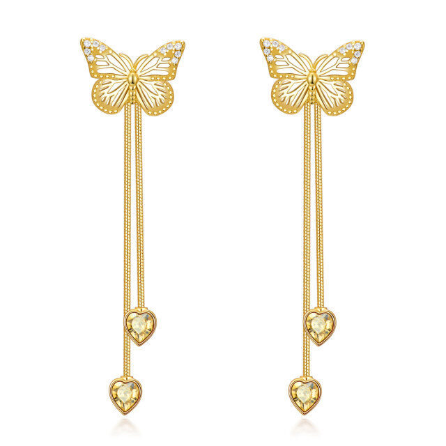 Sterling Silver with Yellow Gold Plated Cubic Zirconia Butterfly Drop Earrings-1