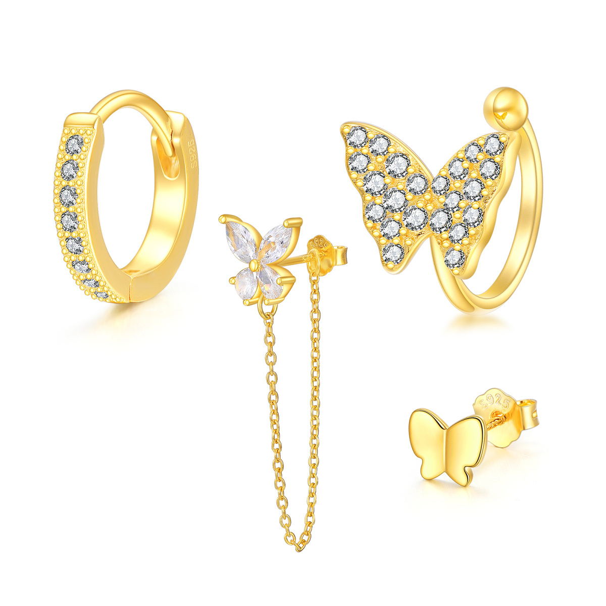 Sterling Silver with Yellow Gold Plated Cubic Zirconia Butterfly Earring Sets-1