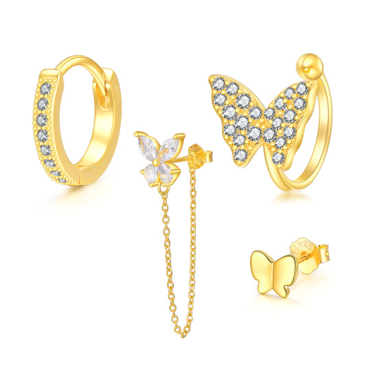 Sterling Silver with Yellow Gold Plated Cubic Zirconia Butterfly Earring Sets